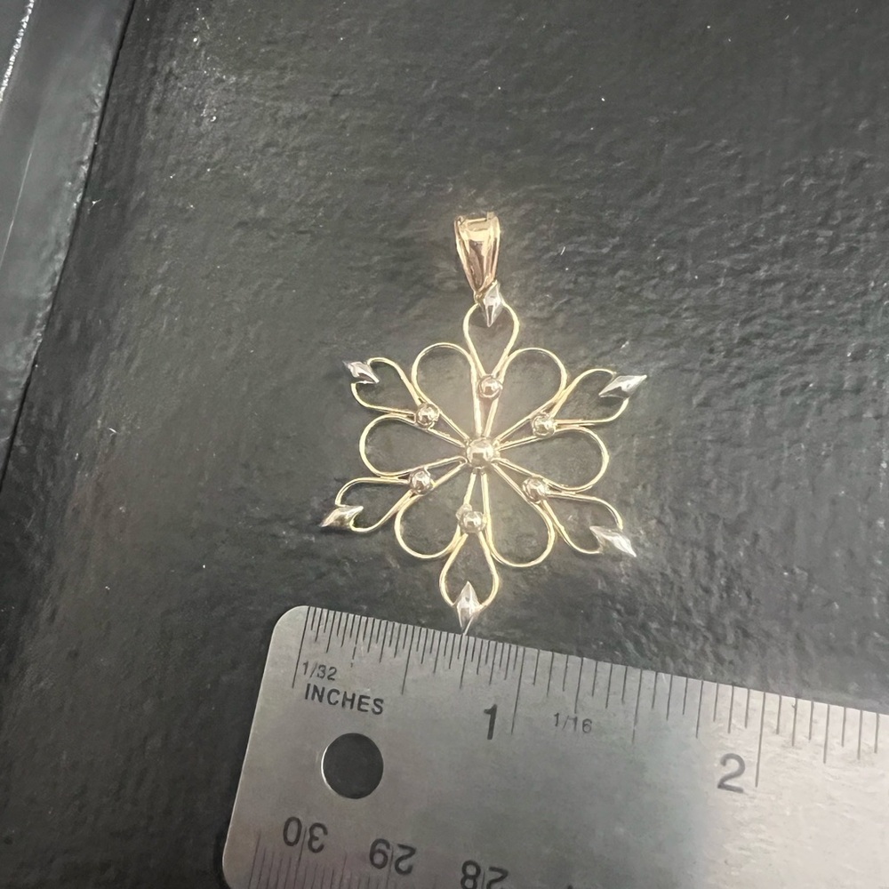 Solid 14k Two Tone Gold Open Work Snowflake Pendant - Picture 2 of 3